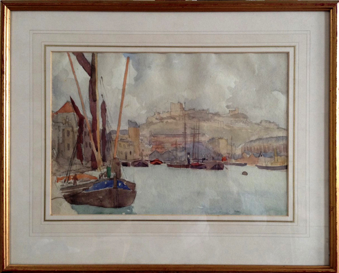 Colin Thompson, a watercolour of Dover Castle with sailing vessels in a harbour to the foreground.