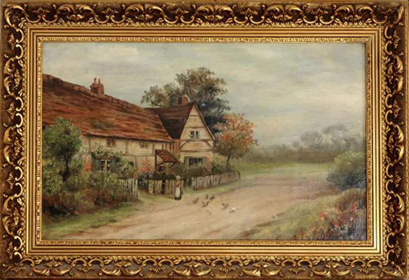 Leonard Squirrell, an oil on canvas of a rural cottage with figure and chickens to the foreground.