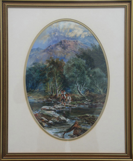 A 19th century watercolour and gouache study of figures crossing a river on stepping stones with