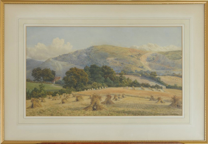 A 19th century watercolour, landscape scene with figures gathering hay to the foreground with