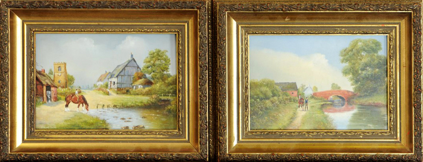 Richard Simnl? Three oils on copper, pastoral scenes with a figure on a horse drinking at a pond,