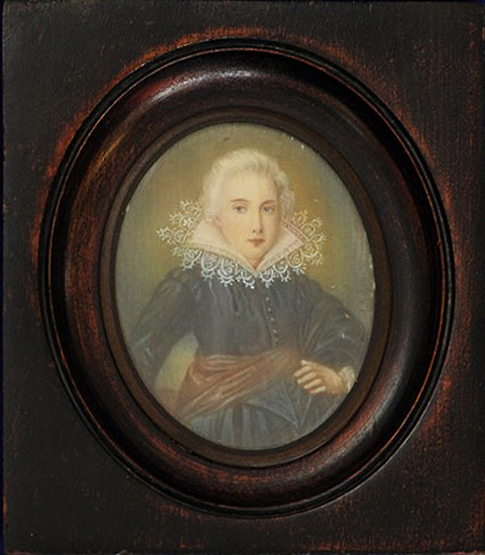 An oval portrait miniature of a lady with white hair wearing a lace frilled black dress. Signed