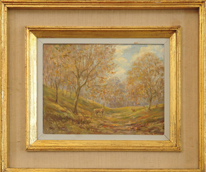 William E Barrington-Browne, an oil on board titled to reverse `Roe Deer in Dorset`. Signed lower