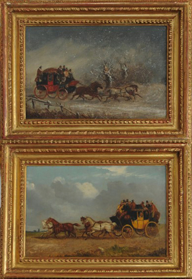 A pair of 19th century oils on canvas of stage coach scenes, one in a snow storm. 11½ by 7½ins. In
