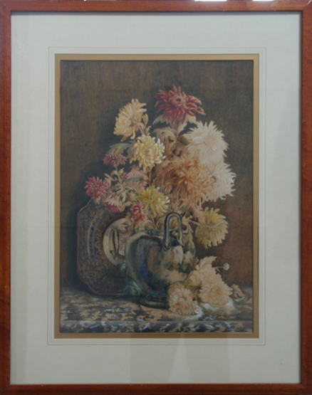 F E Newton, a watercolour still life study of Dahlia`s in a vase with a plate to the rear ground.