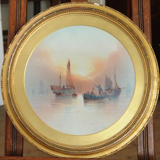 Garman Morris, a circular watercolour depicting sailing and rowing vessels in a harbour. Signed