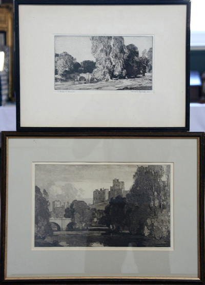 Leonard Squirrell, three engravings of Alnwick Castle, Alnwick Bridge and Bamburgh Castle in