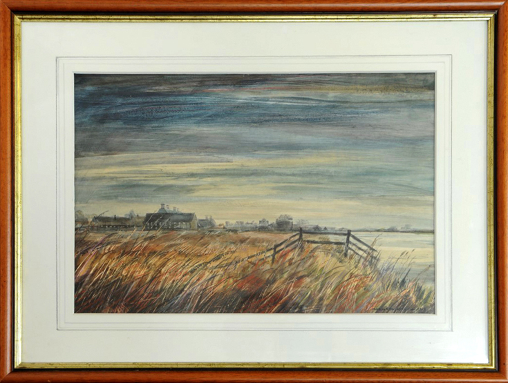 Cavendish Morton, a pastel study of Snape Maltings from the marshes. Signed lower right and dated