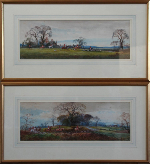 Arthur Willett, a pair of watercolours depicting hunting scenes. Signed lower left. 18½ by 6¾ins. In
