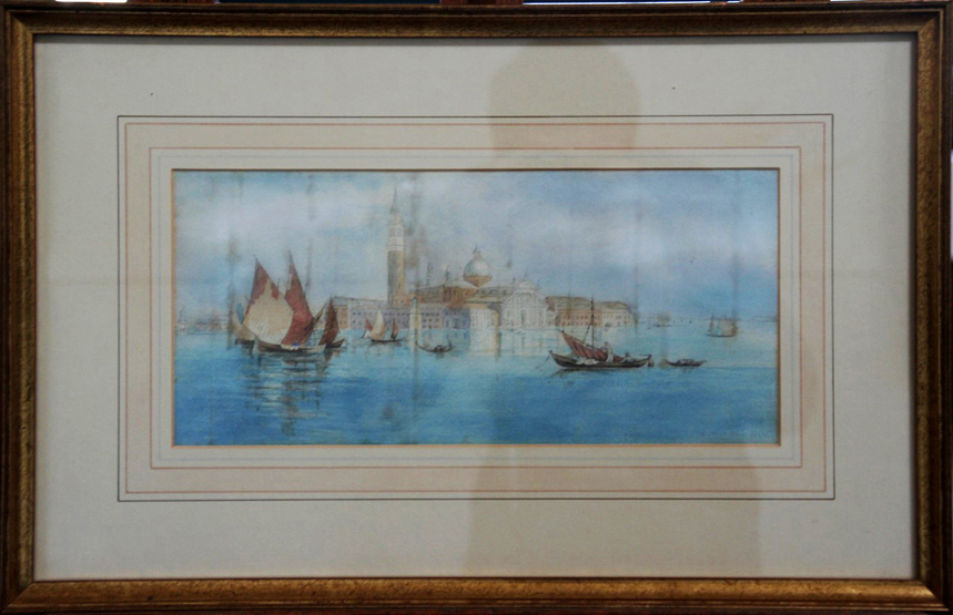 C G Wyatt, a late 19th century watercolour, Venetian scene with sailing vessels to the foreground.