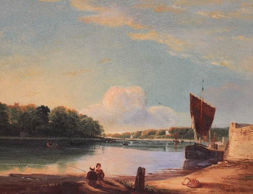 G. Richards, Figures fishing along an estuary with a sailing barge along the quayside, signed, `G.