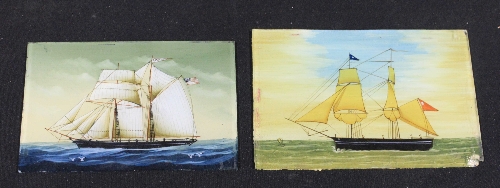 Two small glass panels, reverse painted with portraits of 19th Century Schooners, 8 x 12cm.