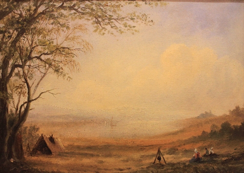 Adolphus Knell. British 1860 - 1890. Landscape with gypsy encampment. Oil on board. Signed. 38 x