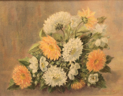 Muriel Charles, oil on board, still Life, Dahlias, signed and two other paintings, (3).