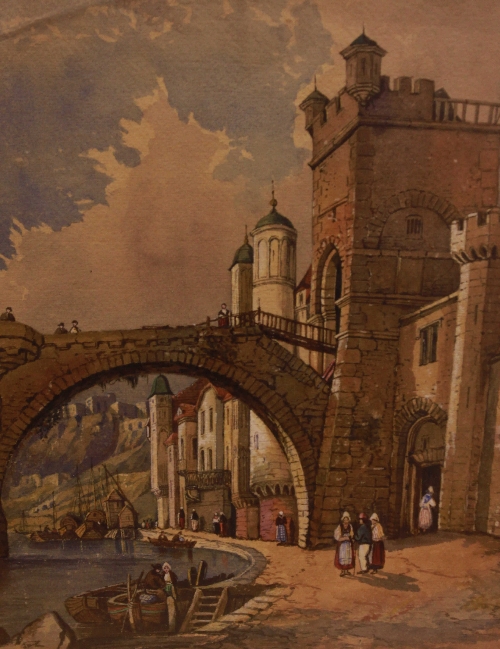 19th century Continental School.  Figures by a river under a stone bridge and tower, unsigned,