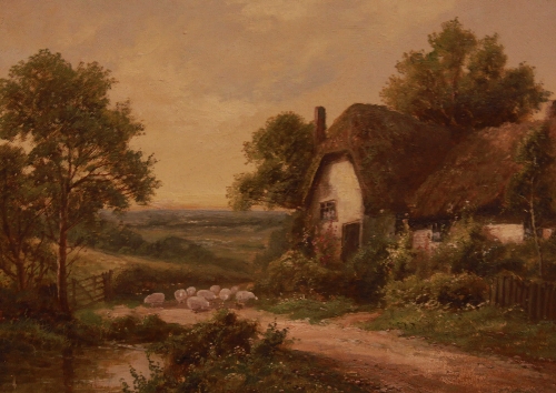 C. Bell, `Oakhampton Devon`, landscape with sheep grazing outside a thatched cottage, signed, oil