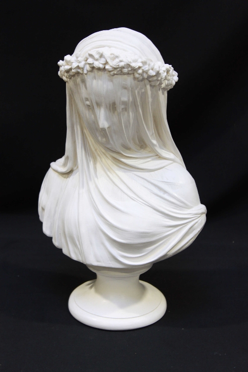 After Raffele Monti, `The Veiled Bride` on socle base, painted plaster, 37cm high.