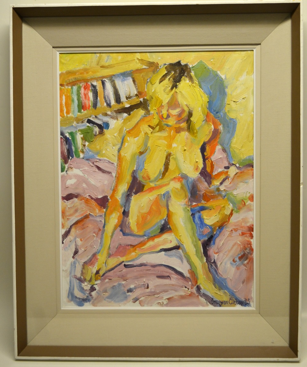 Stephen Cullen 1985. An oil painting on canvas, Nude study, Eithine the Artist`s wife, framed and