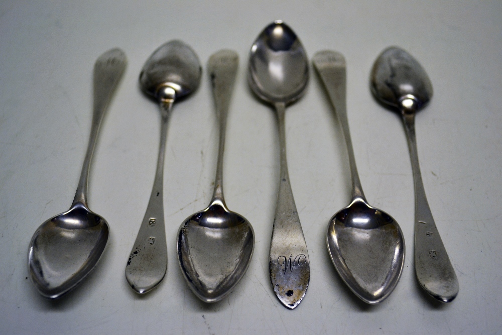 A set of six early nineteenth century Scottish Provincial taper end silver teaspoons, engraved an