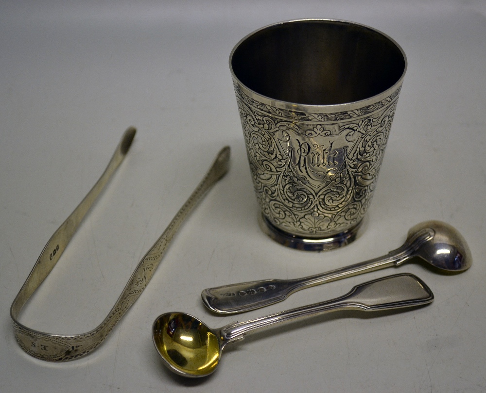 A pair of George III silver bright cut engraved sugar tongs with initials. Maker Peter Anne and
