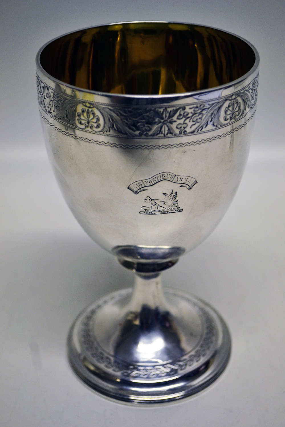 A George III Scottish silver wine goblet, engraved the Gordon crest with motto, foliage engraved