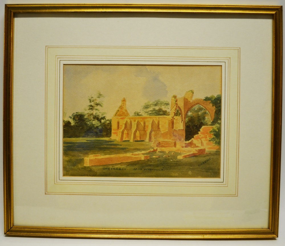 P. Maghie, a pair of watercolours Devenish Abbey and round tower and Grey Abbey Ards Peninsula,