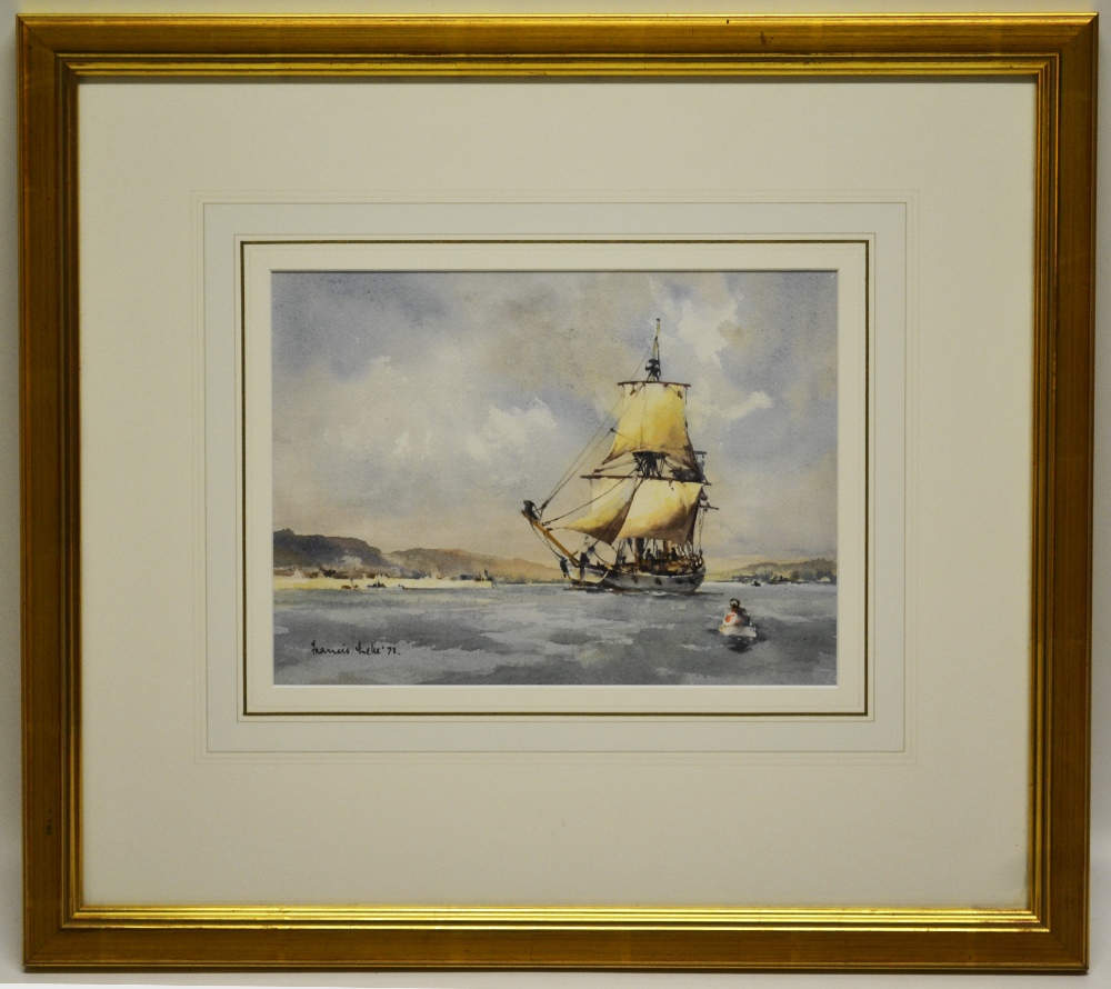 Francis Leke `73, a signed watercolour replica sailing ship of the `Nonsuch` sailing out of