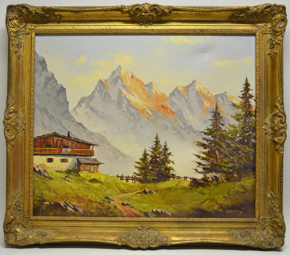 H. Dolanski an oil painting on canvas signed Chalet in the Alps. 20in 51cm x 24in 61cm. In a gilt