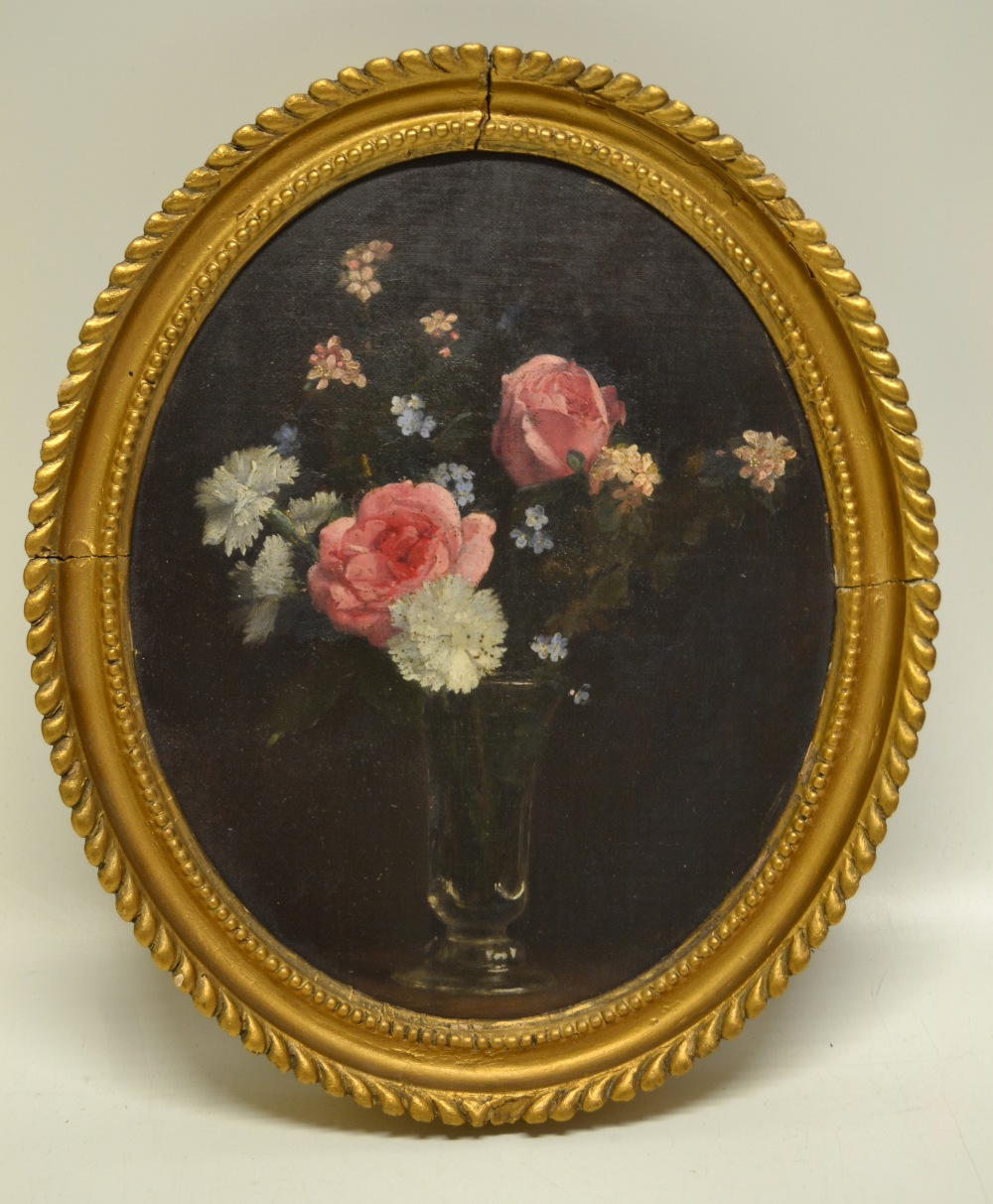 An oval oil painting on canvas onto board, still life glass vase with flowers and pink roses, in a
