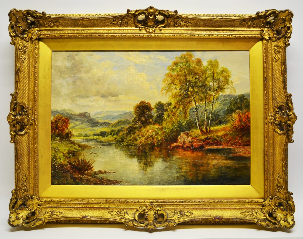Benjamin William, Leader, a oil painting on canvas, signed, river scene in the Lake District. 14.