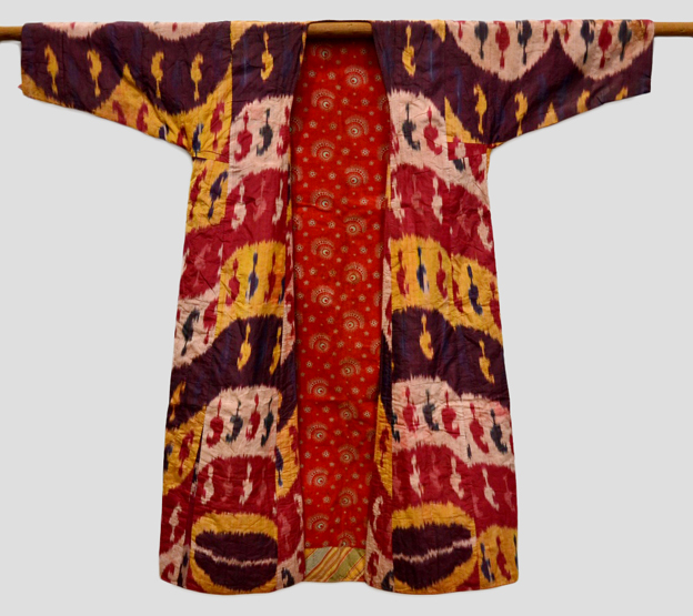 Uzbek silk ikat chapan, Afghanistan or Uzbekistan, early 20th century, with striped cotton inner