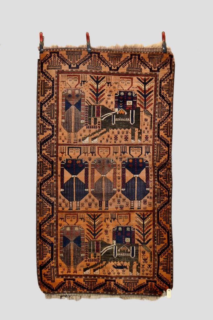 Baluchi pictorial rug depicting two mounted Khans and their men, Zabul area, north east Persia,