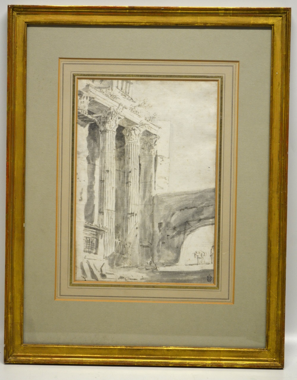 A heightened wash picture of an ancient Roman public bath 14.5in 37cm x 10in 25cm and another of