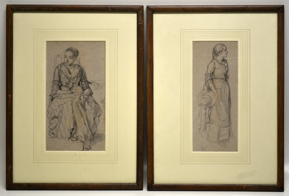 W.F. A pair of pencil sketches of young maids of the late eighteenth century. 9.5in 24cm x 4in