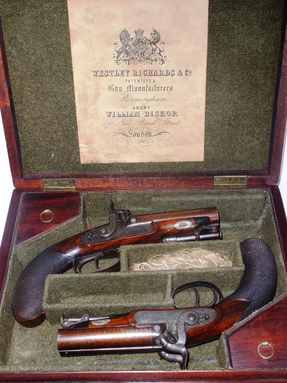 Pair 19thc Westley Richards double barrel side lock side by side travelling pistols, 3 3/4" barrels,
