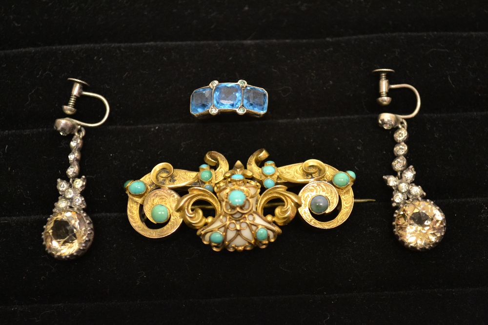 A Victorian gilt open engraved brooch, set ivory and turquoise, a pair of antique yellow and white