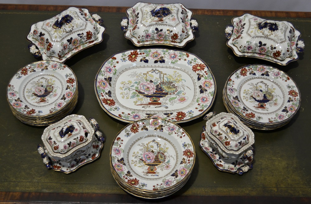 A Victorian Masons Ironstone china part dinner service, decorated coloured and gilt highlighted