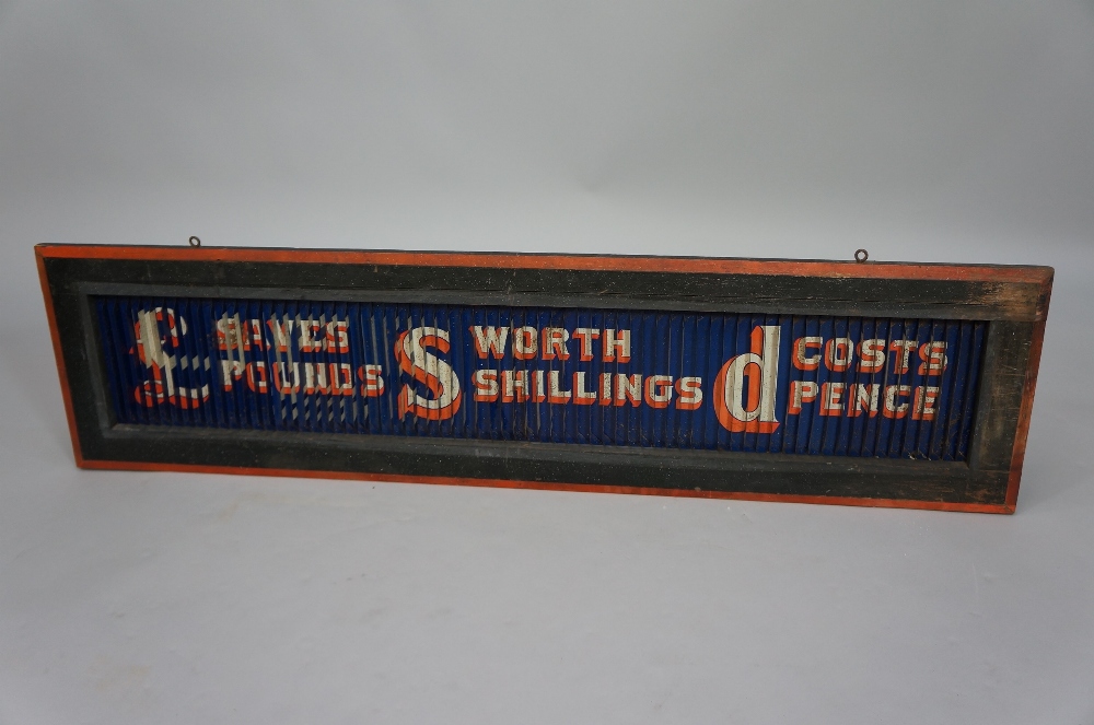 Advertising - an unusual triple louvered printed tin plate sign with Saves Pounds Worth Shillings,