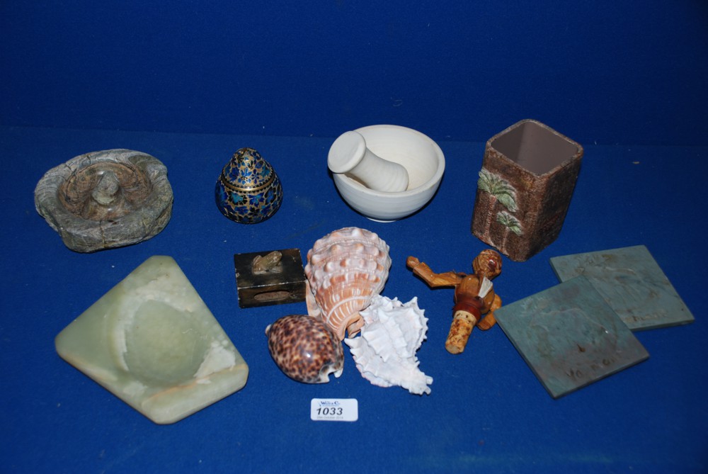 A quantity of miscellaneous  items including shells, a soapstone Matchbox Holder, a Welsh