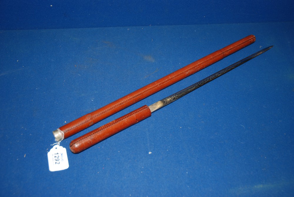 A Swaine & Adeney leather Officer's Swagger/Sword Stick with concealed blade engraved to one side '