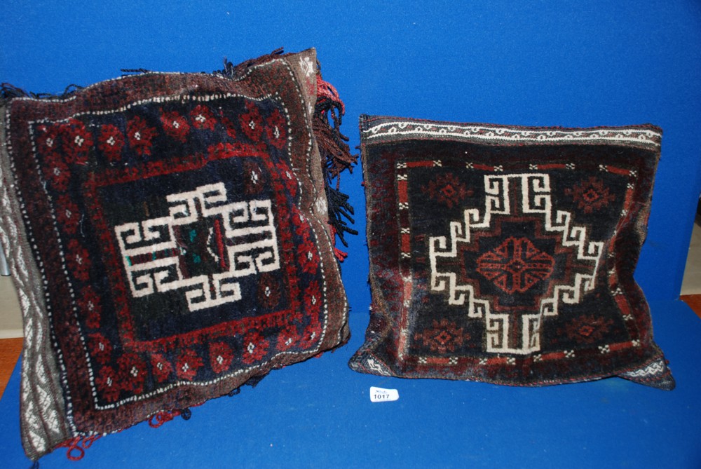 Two Cushions with carpet style covers with central medallion