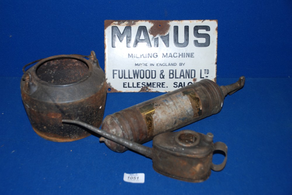 A quantity of miscellanea including a Manus Milking Machine sign, a glue pot and an old fire