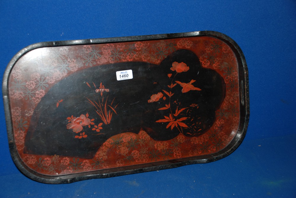 A large Japanese lacquered Tray with rust coloured floral and bird decoration, 56 x 32 cms, circa
