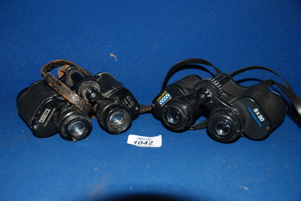 Two pairs of Binoculars: Halina 8 x 30 and Yashica 8 x 30.
