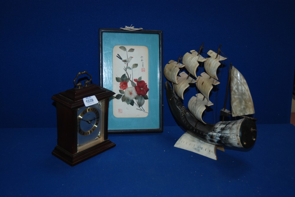 A musical wind up Model of a ship and an oriental style framed picture and a Seiko clock, 8 3/4''