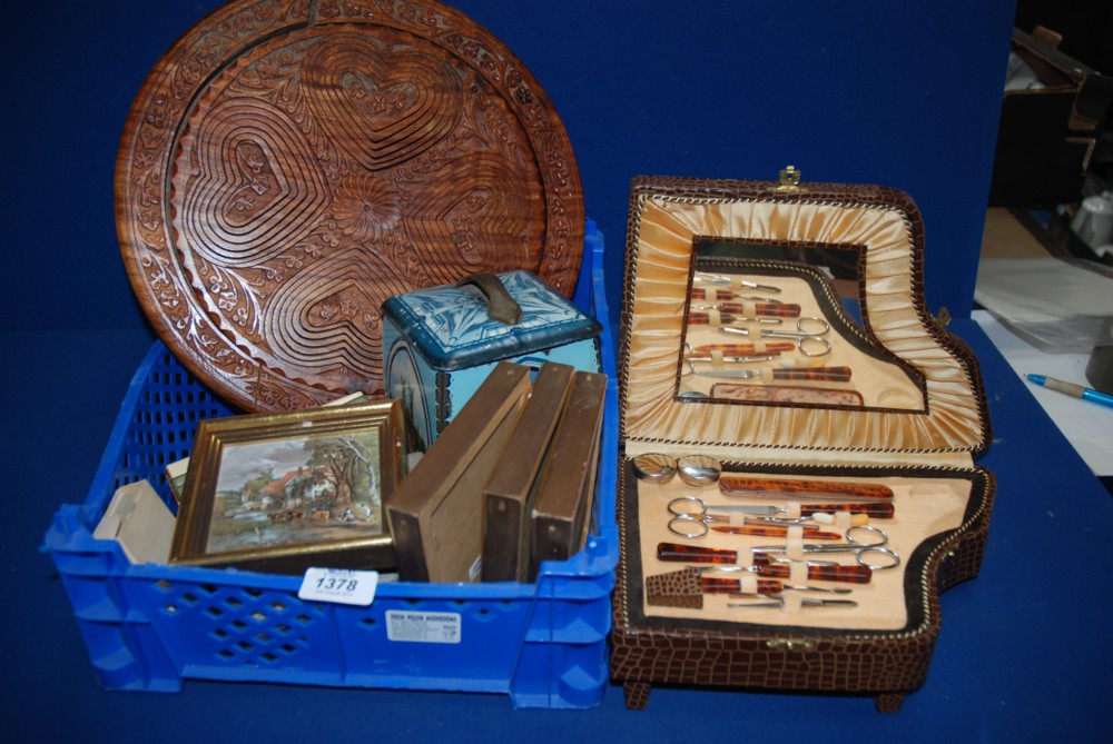 A quantity of miscellaneous including a wooden 'Lazy Susan' a/f, a cased Manicure Set in the shape