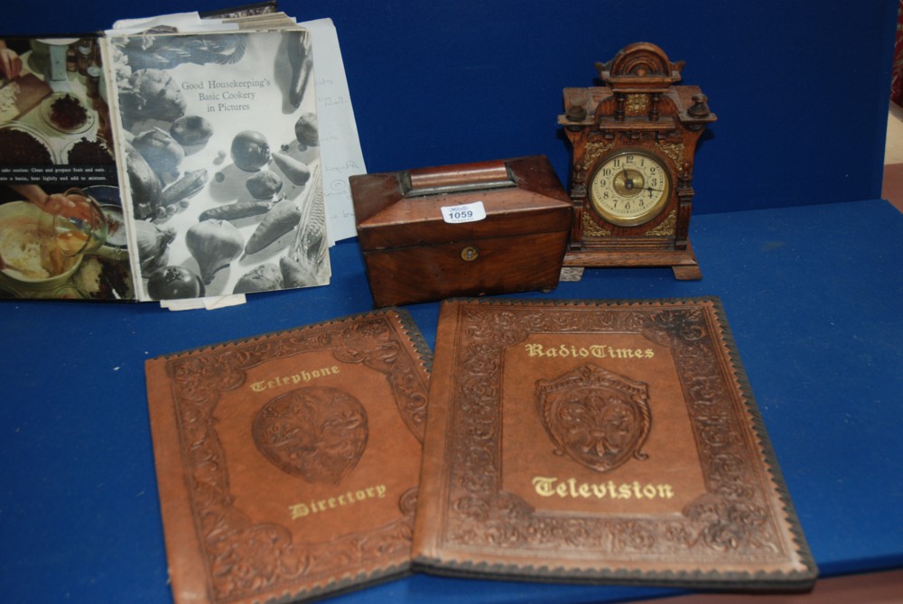 A quantity of miscellanea including wooden carved cased wind-up Mantle Clock, tea caddy a/f, two