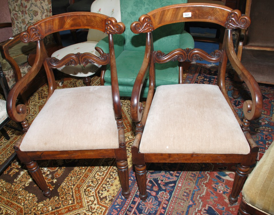A good pair of William lV Mahogany framed Carver Chairs, having scroll carved top rails and bar
