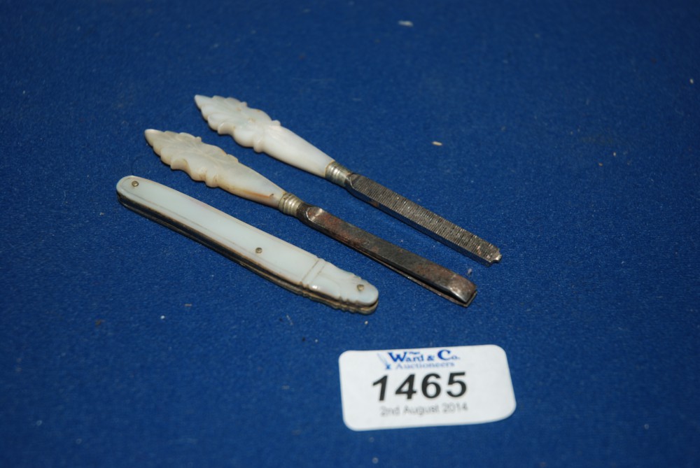 A mother of pearl handled Penknife, Nail File and Tweezers