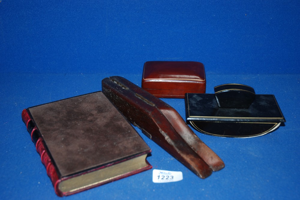 A wooden shoe jack, Italian real leather Box and lid, blotter, round dice and a book Paperweight